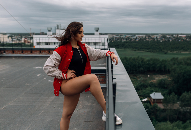 women, rooftops, ass, brunette, sweater, sneakers, looking away, fence, women outdoors, bodysuit, painted nails