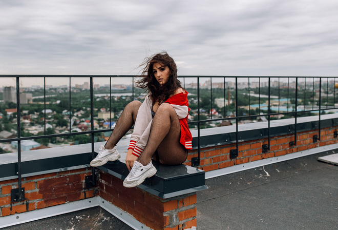 women, ass, sitting, sneakers, fence, women outdoors, brunette, fishnet stockings, sweater, bricks, rooftops