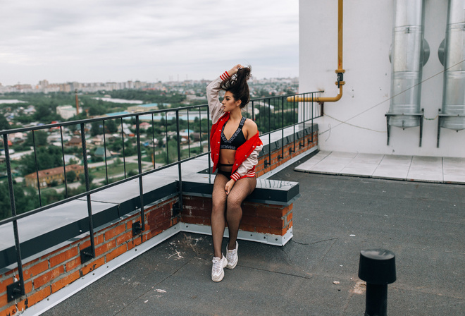 women, sitting, rooftops, sweater, fence, sneakers, fishnet stockings, bricks, women outdoors, looking away, belly, pierced navel