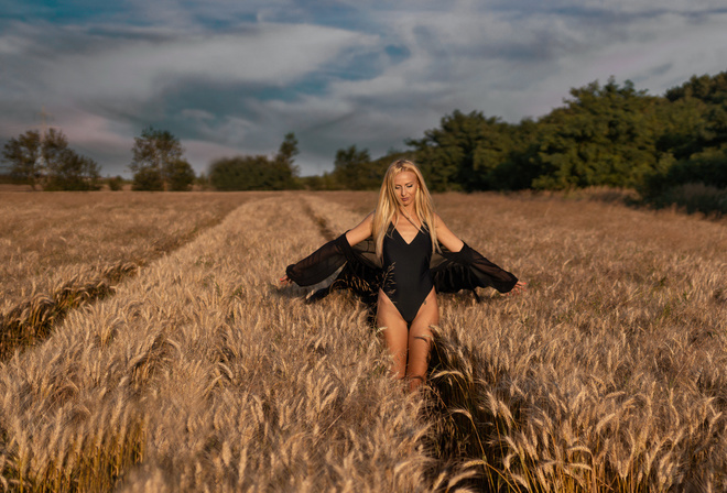 blonde, cleavage, brunette, women outdoors, tattoo, red nails, trees, long hair, women