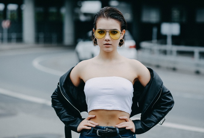 Victoria Sokolova, women, portrait, women outdoors, women with glasses, leather jackets, tank top, belt, bare shoulders, belly, hands on hips, short hair, jeans