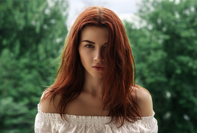 women, Inga Sunagatullina, redhead, bare shoulders, face, portrait