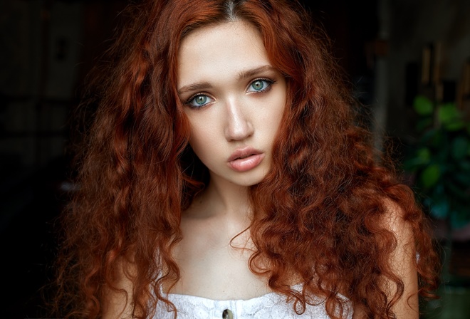 women, redhead, face, portrait, pink lipstick, green eyes, white dress