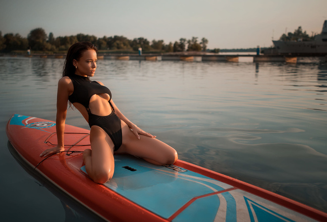 women, Angelina Petrova, black swimsuit, kneeling, brunette, water, women outdoors, boat, looking away, wet hair, wet body