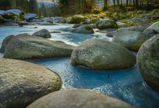 Dan Felix, природа, Швейцария, река, камни, валуны, деревья, лес