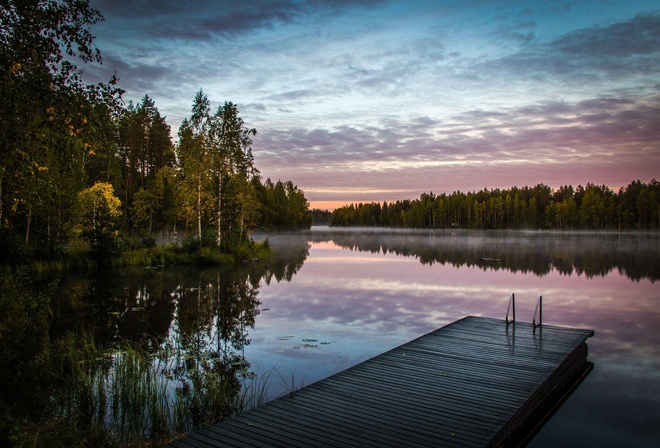 Финляндия, природа, пейзаж, озеро, берега, леса, мосток, утро