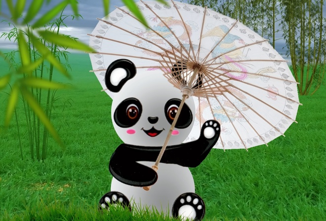 животное, рисунок, панда, зонтик, трава, бамбук