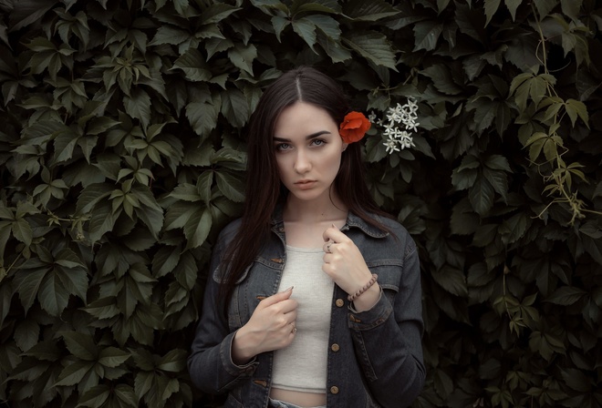 women, portrait, flowers, women outdoors, leaves, gray eyes, long hair, denim