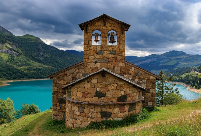 Горы, Озеро, Франция, Savoie, Chapelle de Roselend, Beaufort, Природа