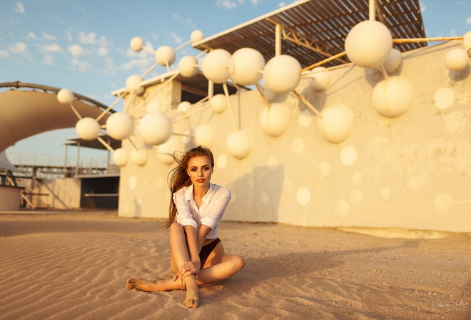 women, brunette, sitting, sand, white shirt, long hair, women outdoors