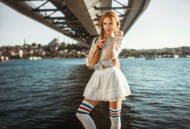 women, river, redhead, white skirt, pigtails, smiling, white stockings, white shirt, bridge, necklace