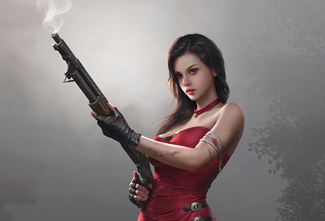 Fantasy Girl I, Red Dress, With Gun