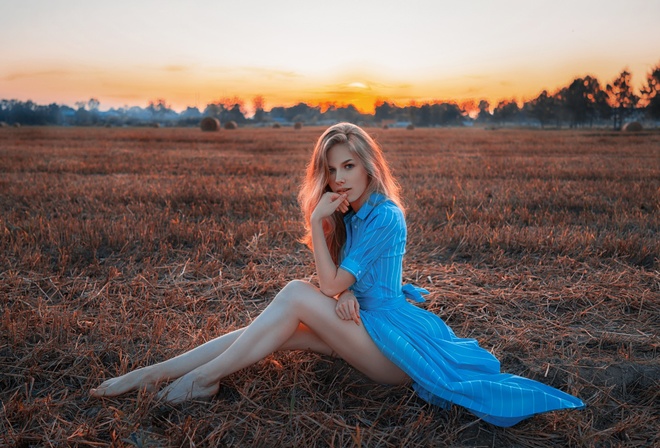 women, blonde, hay, sitting, blue dress, sunset, women outdoors, trees