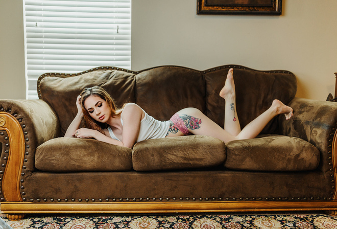 women, couch, ass, pink panties, tank top, tattoo, blinds, closed eyes