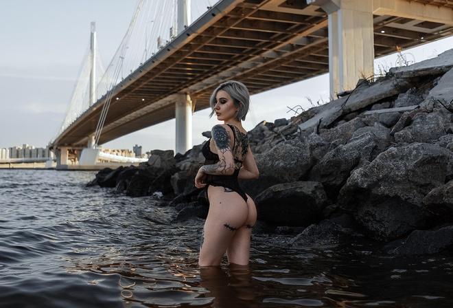 women, dyed hair, ass, river, bridge, rocks, body lingerie, tattoo, black lingerie, women outdoors, pierced nose