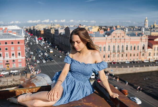 women, sitting, blue dress, women outdoors, sky, bare shoulders, tattoo, cityscape, rooftops