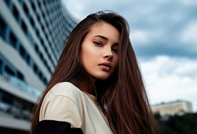 women, face, portrait, long hair, women outdoors, building