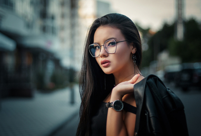 women, portrait, face, watch, women with glasses, women outdoors, leather jackets