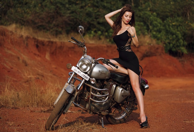 women, high heels, women outdoors, women with motorcycles, red lipstick, black dress, motorcycle, Royal Enfield, tight dress