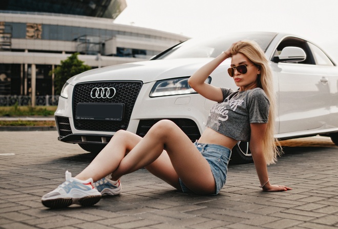 women, blonde, long hair, sunglasses, jean shorts, sneakers, sitting, Audi, crop top, belly, women outdoors, brunette, red nails