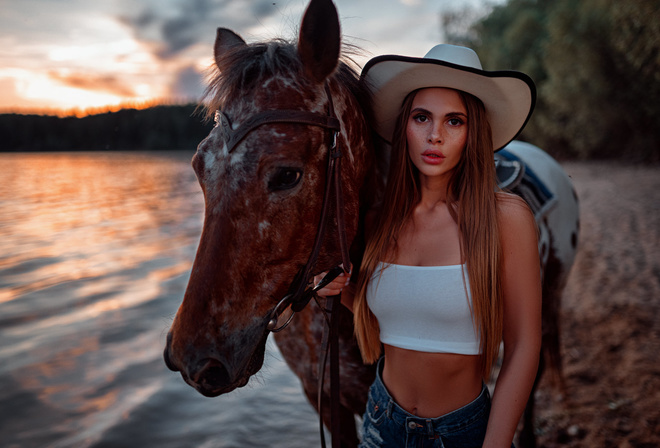 women, long hair, belly, torn clothes, ribs, horse, hat, women outdoors, portrait, white tops, freckles, water, sunset