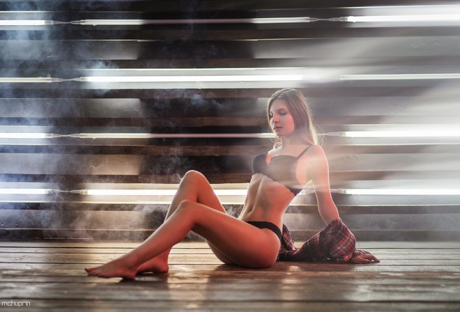 Tatiana Aksionova, women, Maksim Chuprin, black panties, plaid skirt, smoke, brunette, belly, ribs, sitting