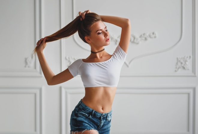 women, choker, jean shorts, belly, brunette, hands in hair, looking away, eyeliner, long hair, crop top