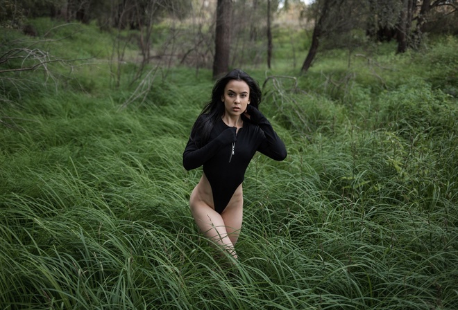 women, trees, bodysuit, leotard, women outdoors, nature, zipper, long hair, black hair