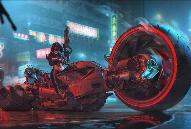 Cyberpunk, Hyper Bike, Soldiers, Girl in Glasses