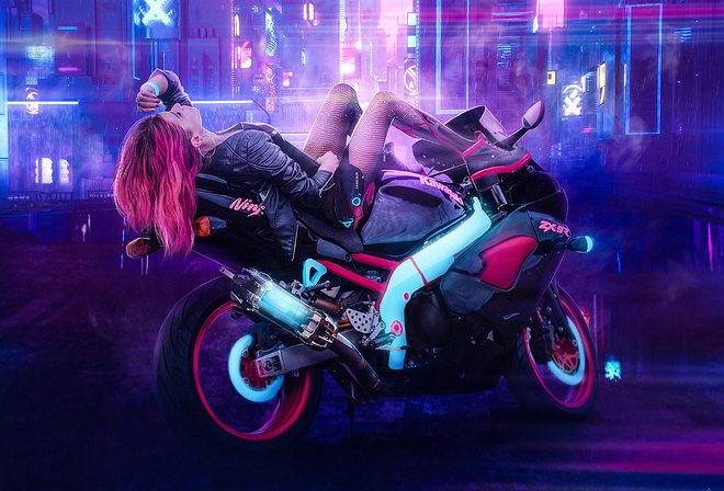 Cyberpunk, Girl on Bike, Ninja, Kawasaki, Do Not Look
