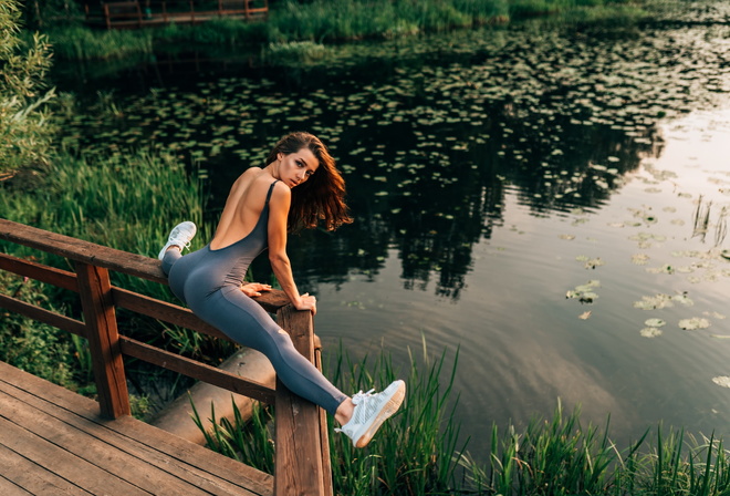 women, fence, brunette, sportswear, flexible, sneakers, ass, water, lake, women outdoors, looking at viewer, eyeliner