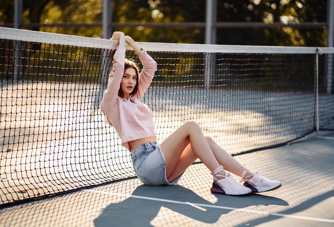 girl, Model, shorts, photo, blue eyes, brunette, portrait, sneakers, tennis