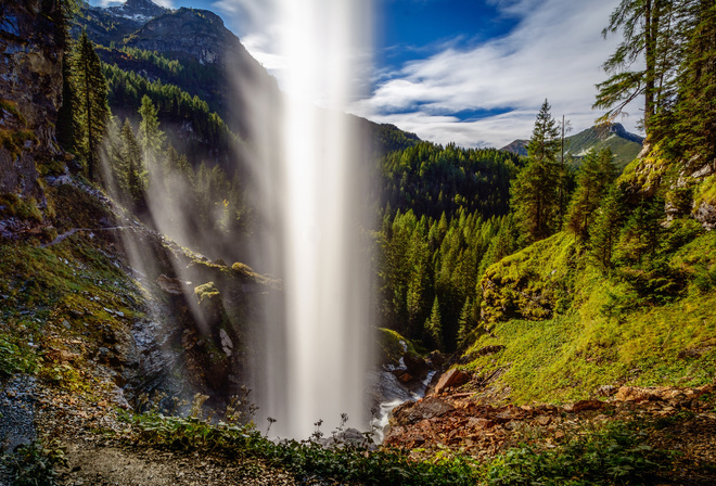 Johannes Waterfall, Alps, mountain waterfall, mountain river, mountain landscape, forest, beautiful waterfall, Obertauern, Austria