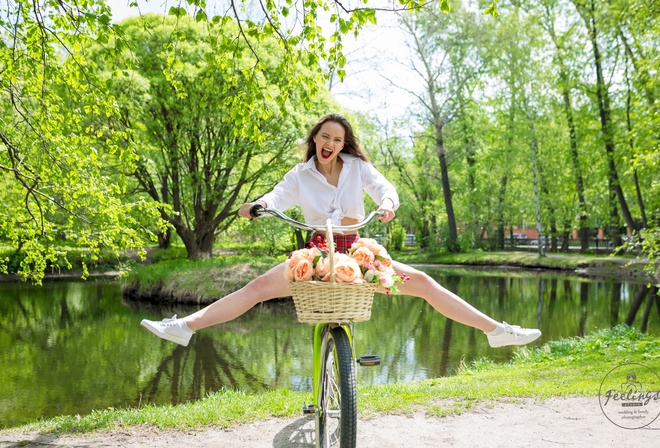 women, plaid skirt, white shirt, schoolgirl uniform, flowers, women outdoors, women with bicycles, bicycle, open mouth, sneakers, White socks, lake, trees, skirt, red lipstick, tongues