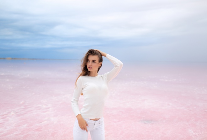 women, Vitaly Skitaev, white clothing, jeans, sky, clouds, women outdoors, water, looking away