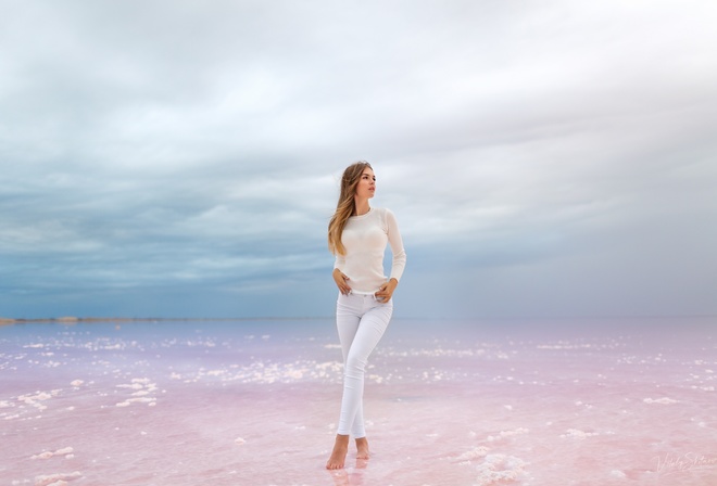 women, Vitaly Skitaev, white clothing, jeans, sky, clouds, women outdoors, water, looking away