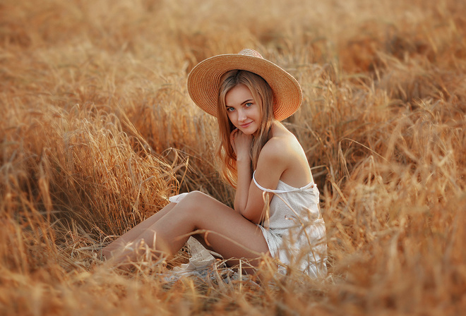 women, hat, sitting, dress, women outdoors, white dress, smiling, long hair, blonde