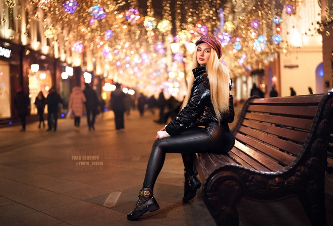 women, Ivan Lebedev, bench, shoes, leather jackets, blonde, sitting, bokeh, ass, looking at viewer, black jackets, leather leggings, long hair