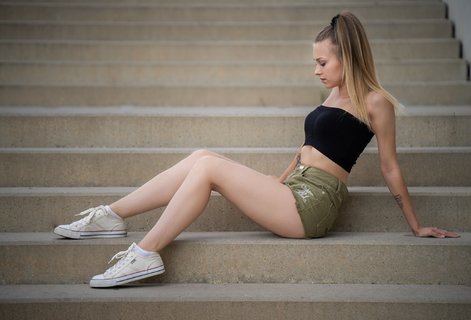 women, sitting, jean shorts, ponytail, stairs, blonde, White socks, sneakers, Fila, tattoo, hoop earrings