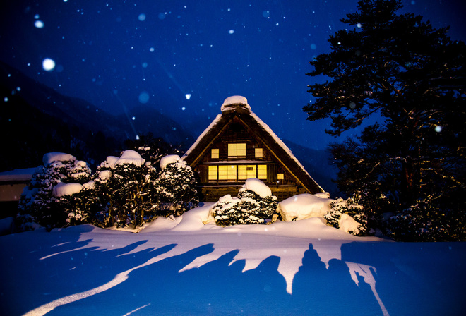 зима, свет, снег, деревья, пейзаж, природа, дом, село, Сиракава-го, вечер, Япония, тени
