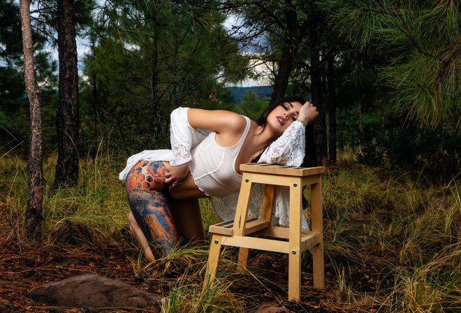 women, closed eyes, kneeling, tattoo, trees, women outdoors, tank top, black panties, brunette, belly, ass