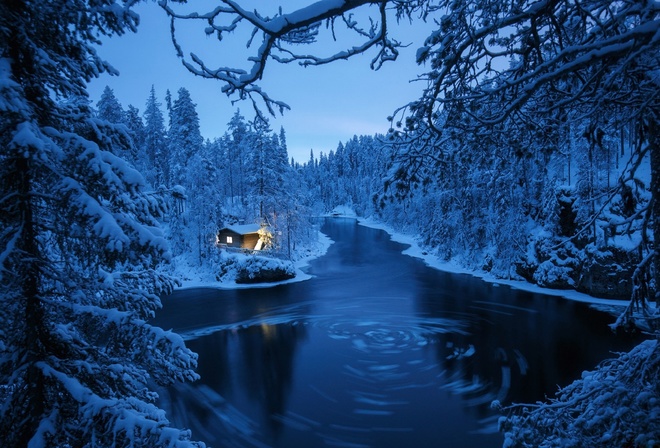 Андрей Базанов, природа, пейзаж, Финляндия, зима, снег, лес, река, дом