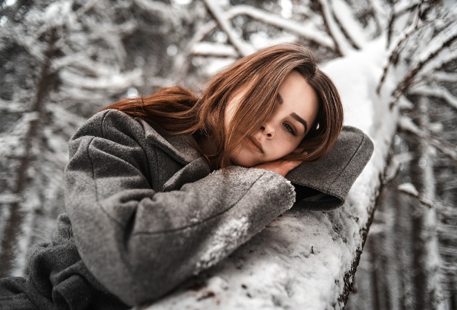 women, portrait, hair in face, coats, trees, snow, winter, women outdoors