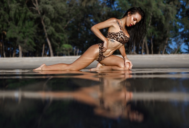 women, bikini, brunette, animal print, trees, water, reflection, kneeling, women outdoors, red lipstick, tattoo, belly, ribs, wet hair, wet body