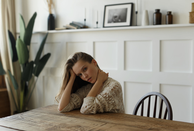 women, Fenix Raya, table, chair, plants, women indoors, sitting, portrait, sweater