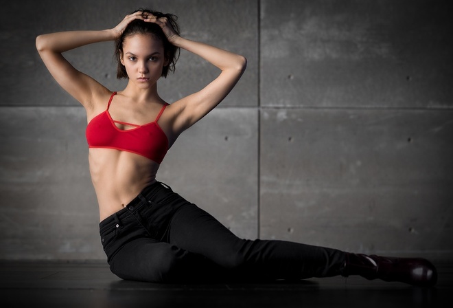 ,  , , ,  , , ,   ,   , model, Maria Demina, beautiful, pose, bra, trousers, looking at viewer, hands on head