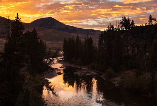 mountains, sunset, river, water, trees