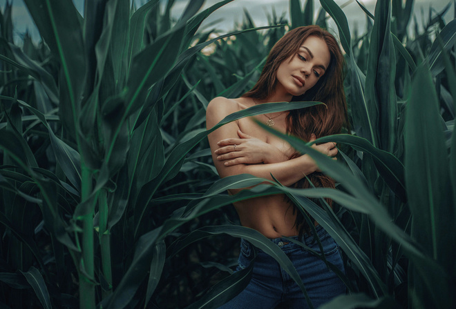 women, belly, jeans, topless, covering boobs, necklace, brunette, women outdoors, boobs