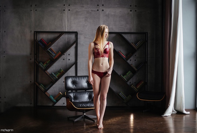 women, Maksim Chuprin, blonde, belly, books, red lingerie, wall, women indoors, looking away