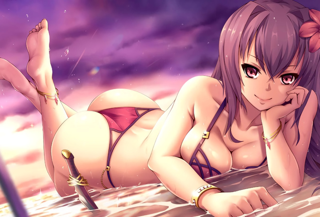 anime, girl, bikini, beach, hentai, beautiful, flower